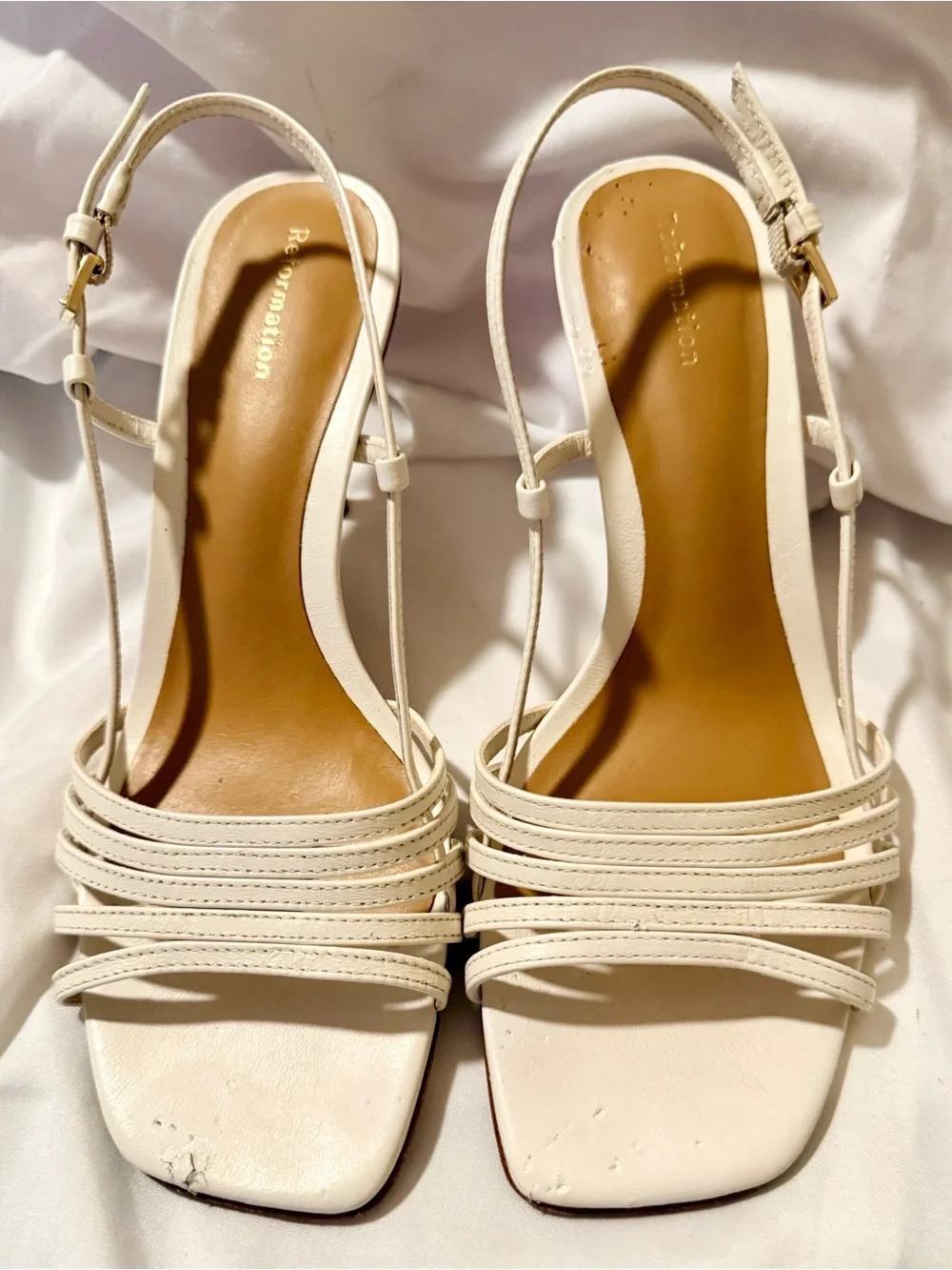 Reformation Ivory Strappy Square-Toe Heeled Sandals Size 6 -FLAWED